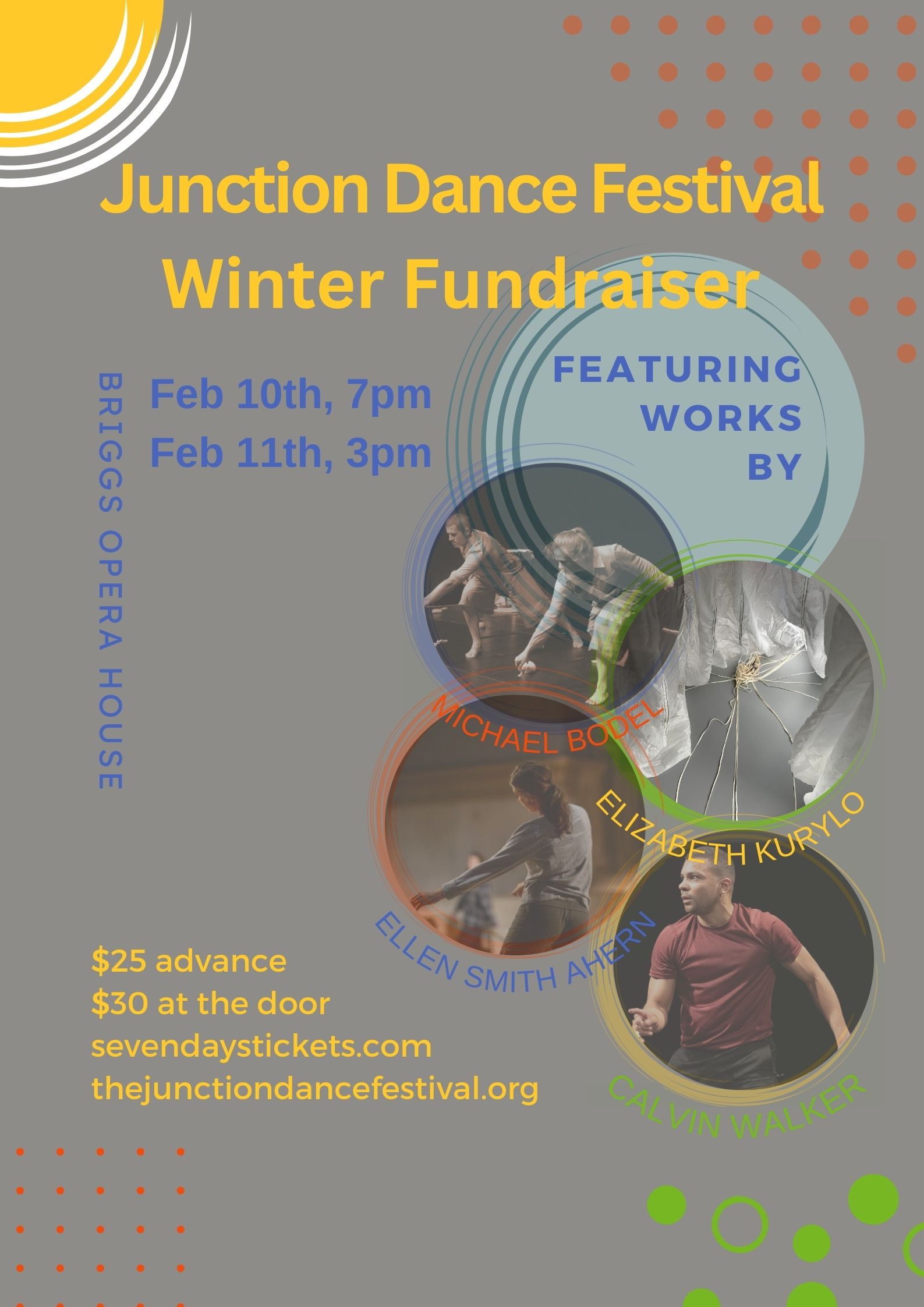 Junction Dance Festival Winter Fundraiser in yellow on grey/brown background