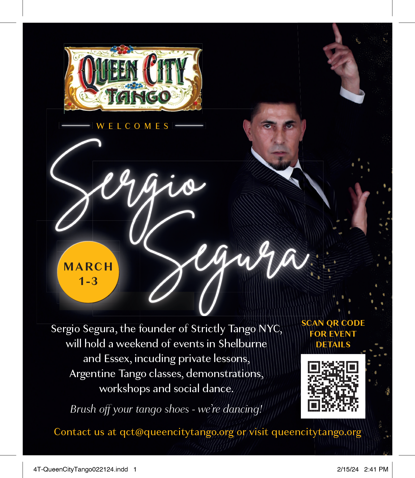 On black background, man dancing with arms raised. Scan QR code for details or visit www.queencitytango.org. .