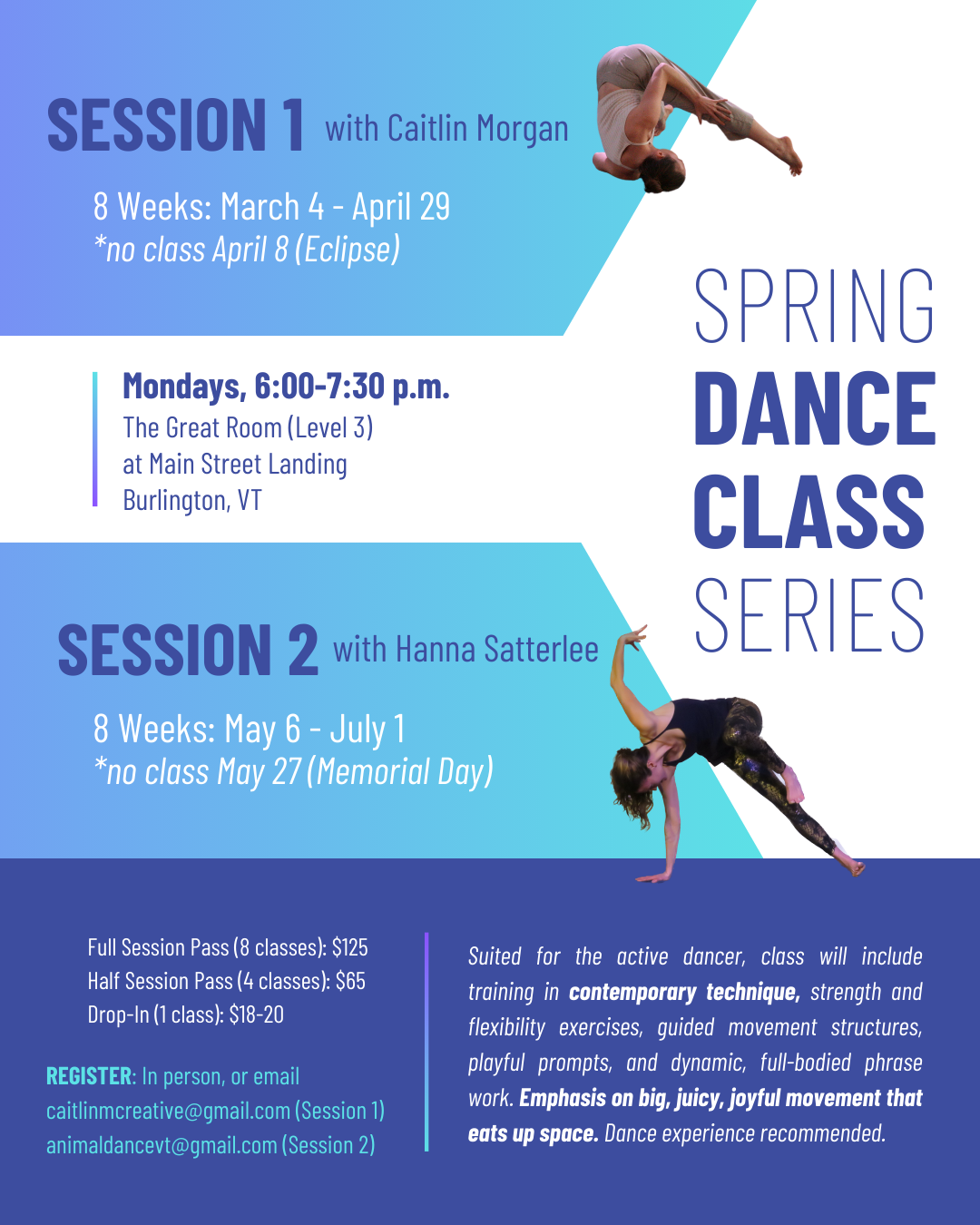 A blue and purple poster with two white women dancing. Text reads "Spring Dance Class Series" in bold.