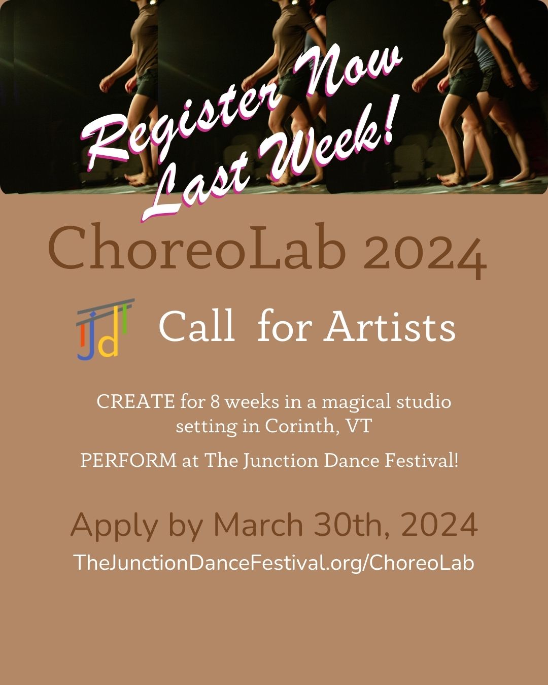 call to artists for ChoreoLab application white letters on chestnut background with a band of repeated photo of dancers walking from right to left 