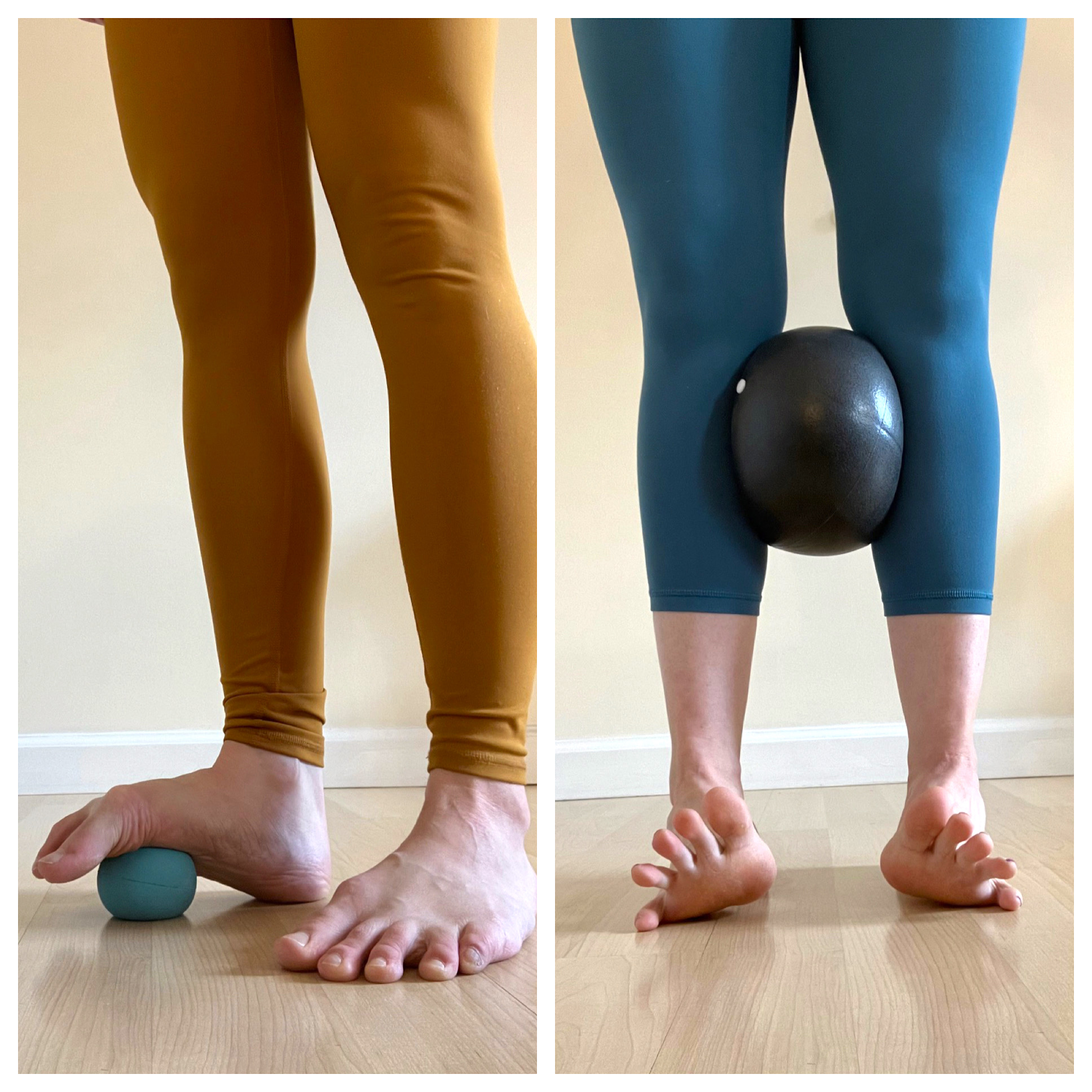 side by side images of two sets of legs demonstating ball rolling and mobilty techniques