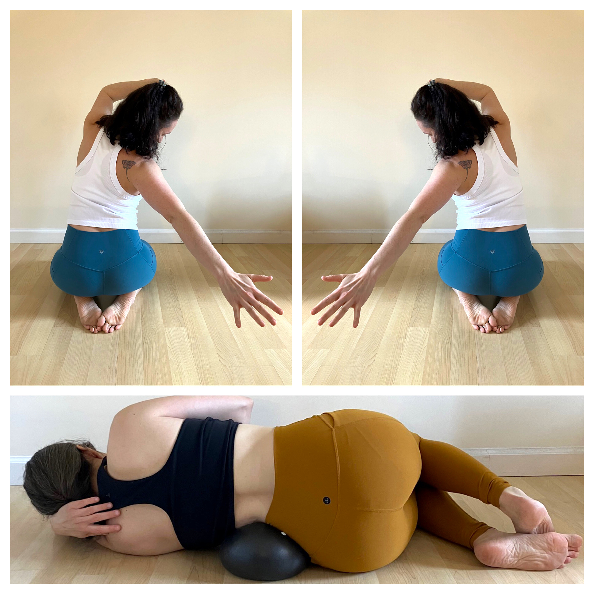 two bodies, one in mirror image demonstrating techniques for rolling and mobility for the spine